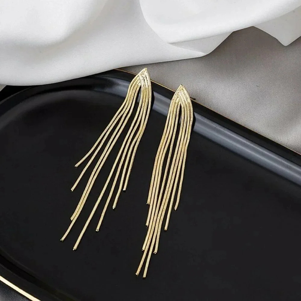 Gold Tassel Long Chain Drop Statement Earrings